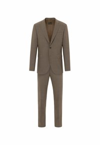 Brauner maßgeschneiderter Anzug mit einem ein-knopf Blazer mit Revers, glatten Vorderhose und einer strukturierten Stoffoberfläche.