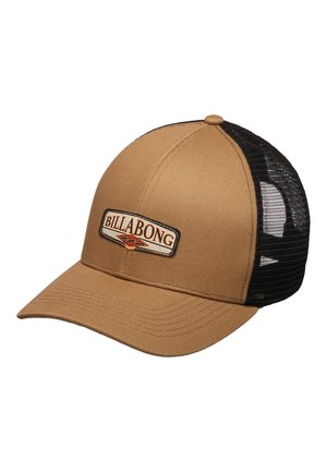 Cappellino marrone con parte frontale arrotondata, retro in rete nera e una toppa con il logo Billabong in arancione e bianco sul pannello anteriore.