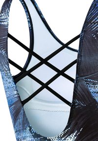 Débardeur de sport noir et bleu avec un design à dos croisé. Présente un motif texturé et une doublure intérieure lisse.