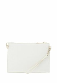 Pochette blanche en matériau synthétique lisse, dotée d'une fermeture éclair et d'une sangle de poignet amovible. Design minimaliste sans motifs.