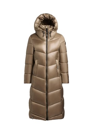 Long puffer coat in light brown with a shiny finish. Features a high collar, zip closure, and diagonal quilted pattern. Two side pockets.