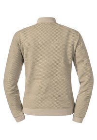 Beige Strickpullover mit strukturiertem Waffle-Muster, geripptem Kragen, Bündchen und Saum. Ausgestattet mit langen Ärmeln und einer lässigen Passform.