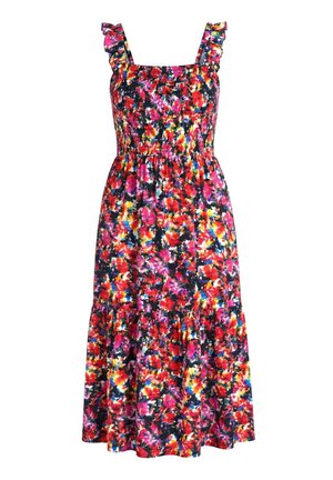 Ærmeløs midi-kjole med smocket overdel, flæsekanter på stropperne og et levende flerfarvet blomsterprint på sort baggrund.