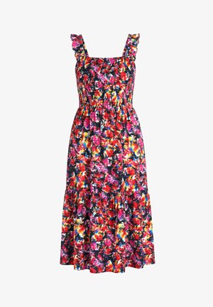 Ærmeløs midi-kjole med smocket overdel, flæsekanter på stropperne og et levende flerfarvet blomsterprint på sort baggrund.
