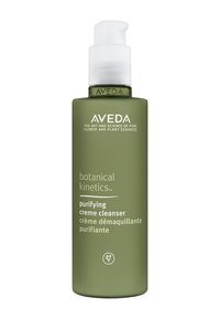 Aveda Botanical Kinetics Purifying Crème Cleanser i en cylindrisk mörkgrön flaska med vit text och en pumpdispenser.