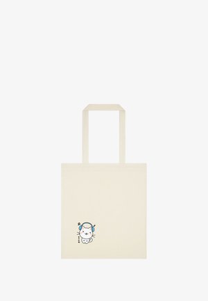 Bomulds tote bag i off-white med to top-håndtag. Har et tegneserie-kat, der bærer hovedtelefoner og musiknoter på forsiden.
