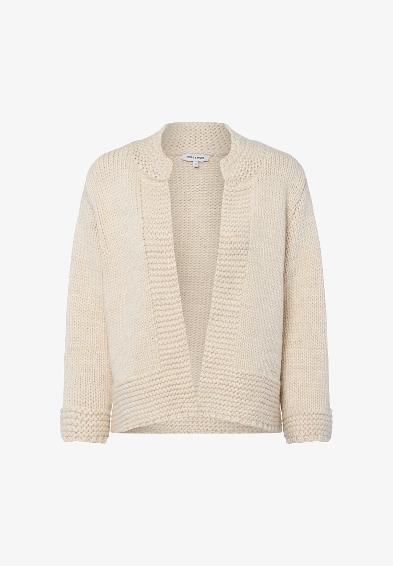 Flauschiger Strickcardigan in Creme, offen gestaltetes Design, mit einem gerippten Muster und Dreiviertelärmeln sowie einem runden Kragen.