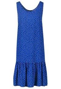 Robe sans manches bleu avec des pois blancs, décolleté arrondi, et un ourlet à volants froncés. Fabriquée en tissu léger.