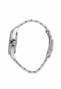Orologio in acciaio inossidabile argentato con cassa rettangolare, maglie lisce e chiusura. Presenta una lunetta testurizzata e una corona visibile sul lato.