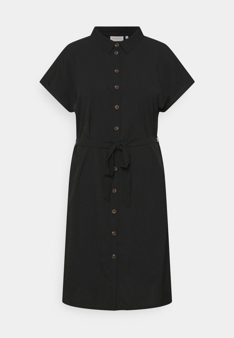Robe noire à boutons avec des manches courtes, un col, une taille à nouer et des boutons marron. Fabriquée dans un matériau lisse avec une coupe droite.
