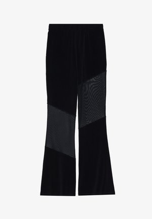 Schwarze Hose aus Samt und Netz, mit diagonalen Paneelen aus solidem Stoff und durchscheinendem Netz, weit ausgestelltem Beinschnitt und elastischem Bund.