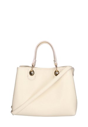 Sac à main en cuir crème avec double poignée supérieure et bandoulière amovible. Comprend des finitions en métal doré et des détails de couture.