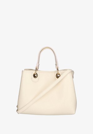 Sac à main en cuir crème avec double poignée supérieure et bandoulière amovible. Comprend des finitions en métal doré et des détails de couture.