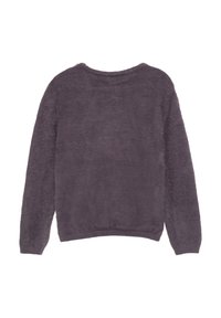 Flauschiger, dunkelgrauer Pullover mit langen Ärmeln, rundem Ausschnitt und weicher Textur. Verfügt über eine lässige Passform und einen gerippten Saum.