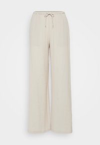 Beige široké kalhoty s elastickým pasem a šňůrkou. Vyrobené z lehké látky, s texturovaným povrchem a snadným, uvolněným střihem.