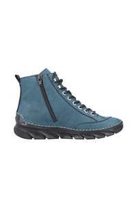 Hochtop-Sneaker aus blauen Wildleder mit schwarzen Akzenten und Nähten. Verfügt über einen seitlichen Reißverschluss und eine strukturierte schwarze Gummisohle.