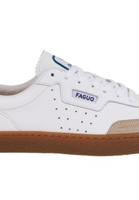 White leather sneaker with a perforated design, beige suede accents, and a brown rubber sole. Features green and blue branded label.