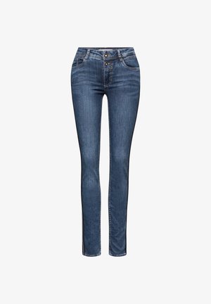 Skinny jeans van donkerblauwe denim met een lichte shimmer, voorzien van vijf zakken, een ritssluiting en een sluiting met twee knopen.