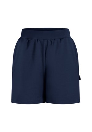 Navyblauwe, zachte stoffen shorts met een elastische tailleband, relaxte pasvorm en zijzakken; geen zichtbare patronen of hardwaredetails.