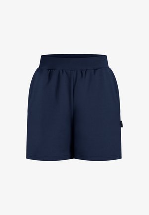Navyblauwe, zachte stoffen shorts met een elastische tailleband, relaxte pasvorm en zijzakken; geen zichtbare patronen of hardwaredetails.