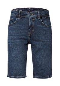 Pantalones cortos de mezclilla azul oscuro con un corte clásico. Presenta cinco bolsillos, un botón de cierre y costuras visibles a lo largo de las costuras.