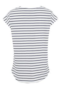 Valkoinen lyhythihainen toppi, jossa on tummansinisiä vaakaraitoja, pyöreä pääntie ja kaareva helma. Pehmeä ja kevyt kangas.