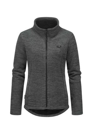 Giacca in fleece di colore grigio scuro con colletto alto, zip completa e texture liscia. Presenta un motivo discreto e un logo sul lato sinistro del petto.