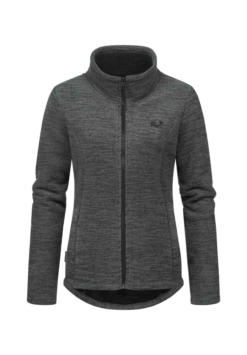 Giacca in fleece di colore grigio scuro con colletto alto, zip completa e texture liscia. Presenta un motivo discreto e un logo sul lato sinistro del petto.