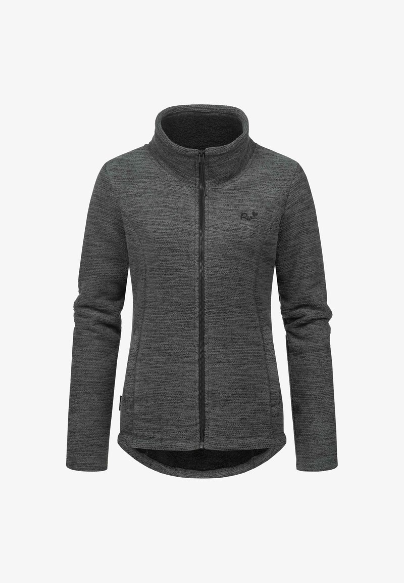 Fleece jacket in dark gray with a high collar, full zip, and smooth texture. Features a subtle pattern and a logo on the left chest.