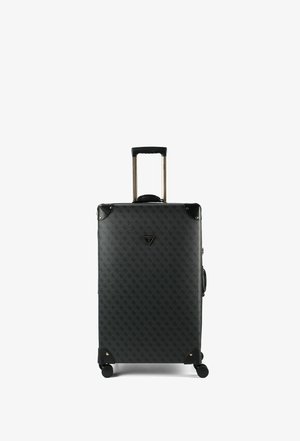 Schwarzer Hartschalenkoffer mit Muster, vier Rollen, ausziehbarem Griff und dreieckigem Markenlogo auf der Vorderseite.