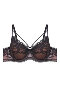 Bielizna w stylu balkoniku z koronkowym pokryciem, przezroczyste miseczki z siateczki, regulowane satynowe ramiączka oraz dekoracyjny łańcuszek na środku.