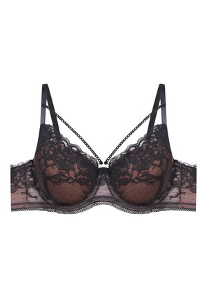 Balconette-BH aus Spitze mit schwarzem Spitzenüberzug, durchsichtigen Netz-Cups, verstellbaren Satin-Trägern und dekorativem Kettendetail in der Mitte.