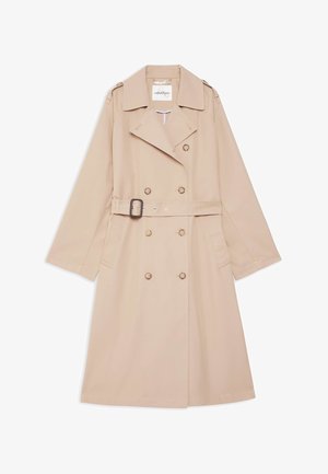 Trench-coat beige croisé avec large col, taille ceinturée, épaulettes et manches longues.