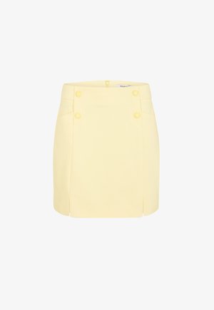 Light yellow mini skirt with a high waist, front button details, and small side slits on each side.