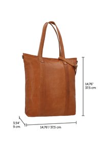 Hnedá kožená taška typu tote s dvoma rukoväťami a nastaviteľným ramenným popruhom, rozmery 37,5 cm x 37,5 cm x 9 cm, zobrazená na bielom pozadí.