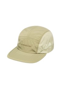Lys tan caps med strukturert foran, buet skjerm, og broderte detaljer av fred, tre og blomst ikoner. Laget av lett stoff.