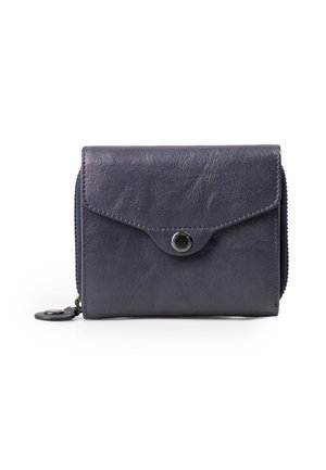 Portafoglio in pelle blu navy con chiusura a scatto e perimetro con zip, caratterizzato da una texture liscia e una leggera lucentezza. Design compatto e rettangolare.
