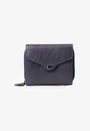 Navy leather wallet with a snap closure and zippered perimeter, featuring a smooth texture and subtle sheen. Compact, rectangular design.
