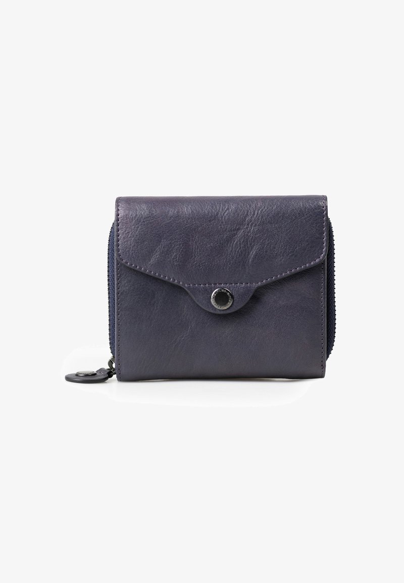Marineblauwe leren portemonnee met een drukknoopsluiting en een rits rondom, met een gladde textuur en subtiele glans. Compacter, rechthoekig ontwerp.