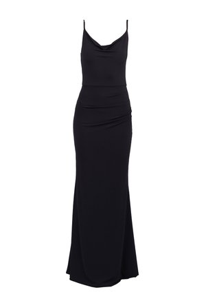 Black, sleeveless maxi dress with a cowl neckline, ruched detailing at the waist, and a smooth, stretchy fabric for a fitted silhouette.