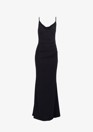 Black, sleeveless maxi dress with a cowl neckline, ruched detailing at the waist, and a smooth, stretchy fabric for a fitted silhouette.