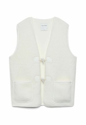 Veste blanche sans manches avec deux poches avant et deux fermetures à bascule, en tissu doux texturé.