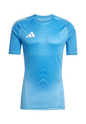 Blaues Sport-T-Shirt mit kurzen Ärmeln, aus glattem Stoff, mit einem Farbverlaufsmuster und dem weißen Adidas-Logo auf der linken Schulter.