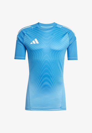 Blauwe sport T-shirt met korte mouwen, gemaakt van gladde stof, met een gradient patroon en het witte Adidas-logo op de linkerschouder.