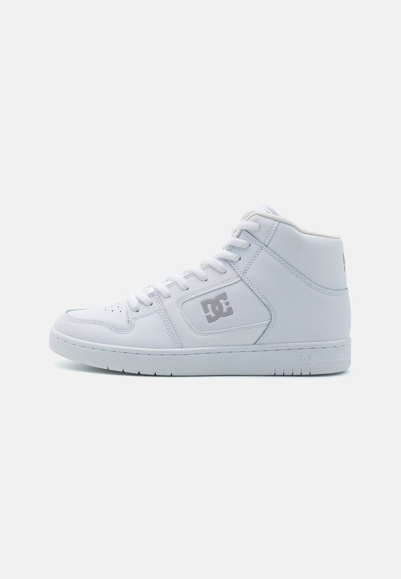 White high-top sneakers made of smooth leather, featuring a padded collar, white laces, and a subtle gray logo on the side and heel.