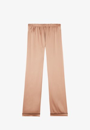 Szerokie spodnie z miękkiego, jasnego brzoskwiniowego satyny z elastycznym paskiem w talii i kontrastującym ciemnobrązowym wykończeniem u dołu. Gładka, błyszcząca tekstura.