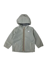 Giacca grigio chiaro con cappuccio, zip frontale nera e gialla, due tasche laterali e polsini elasticizzati, realizzata in materiale resistente all'acqua.