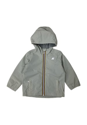 Giacca grigio chiaro con cappuccio, zip frontale nera e gialla, due tasche laterali e polsini elasticizzati, realizzata in materiale resistente all'acqua.