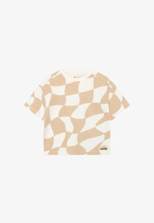 T-shirt beige et blanc à manches courtes avec un motif, coupe décontractée, en coton, avec un patch logo à l'ourlet.