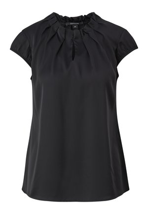 Zwart blouse met korte mouwen, een geplooid decolleté, plooien aan de voorkant en een sleutelgatopening. Gemaakt van gladde, lichte stof.